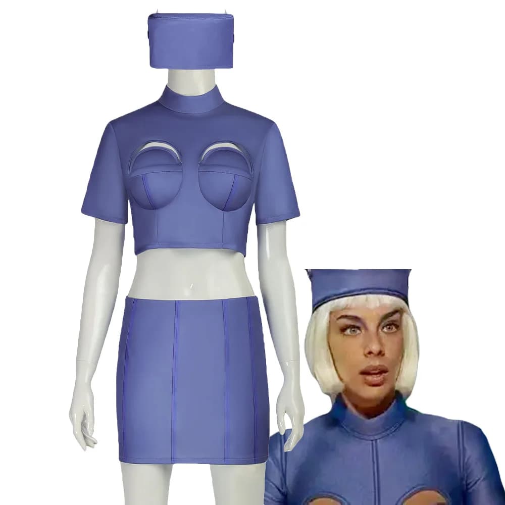 Movie Stewardess Cosplay Costume Deep Blue Short Top and Bag Hip Skirt Retro Flight Attendant Set Halloween Party for Women Suit