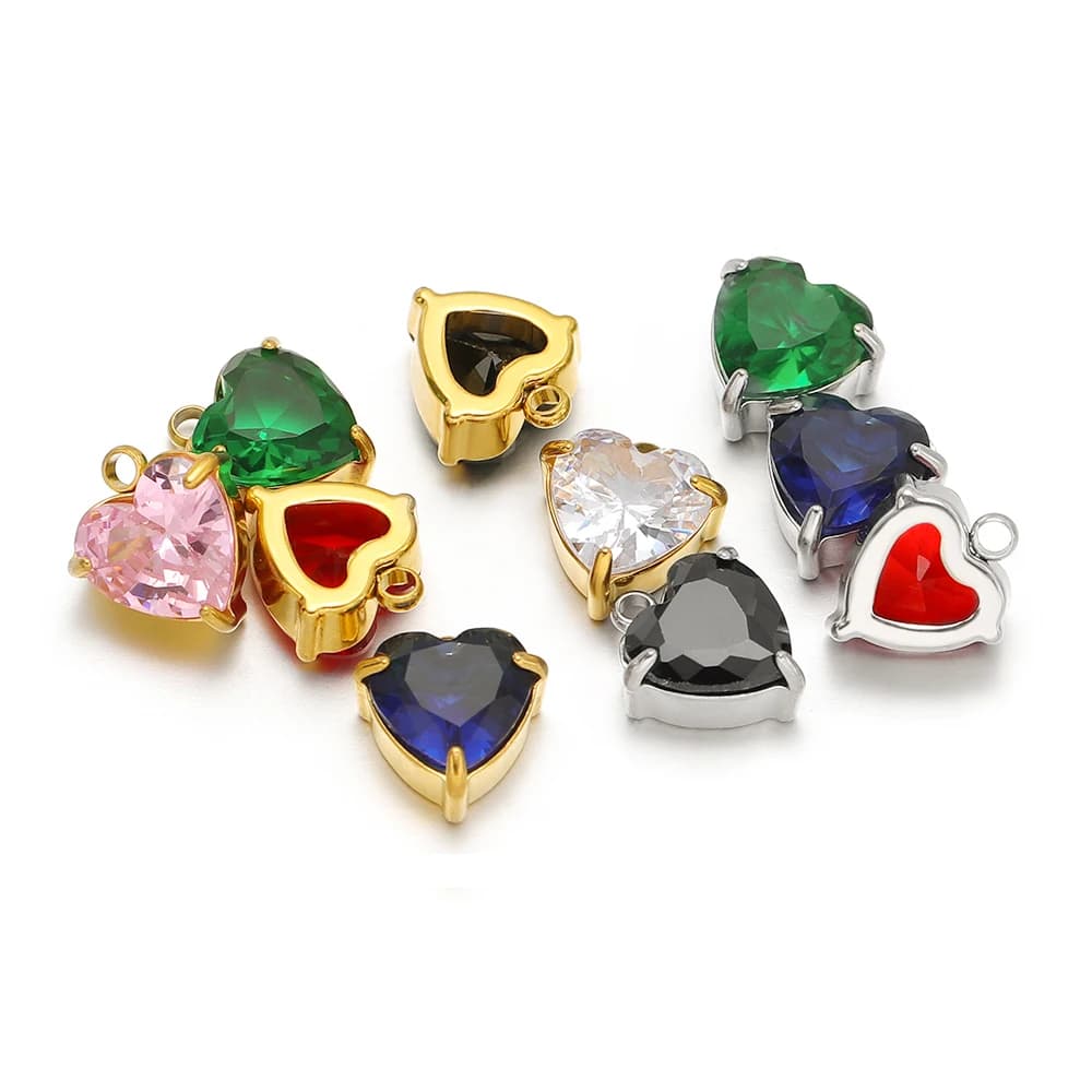 5 ciondoli a forma di cuore in acciaio inossidabile con zirconi cubici, collana fai da te, orecchini, accessori pendenti per la creazione di gioielli delicati all'ingrosso