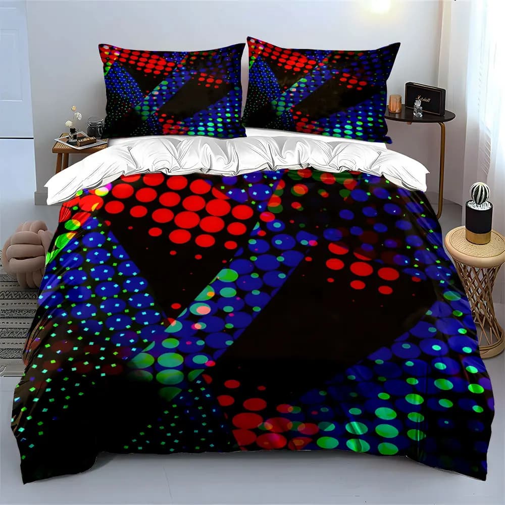 Symmetric V Shape Neon Dot Bedding Set,Dark Base Rainbow Circle Print Duvet Cover 2 Pillowcases Single Double King Queen,Gift