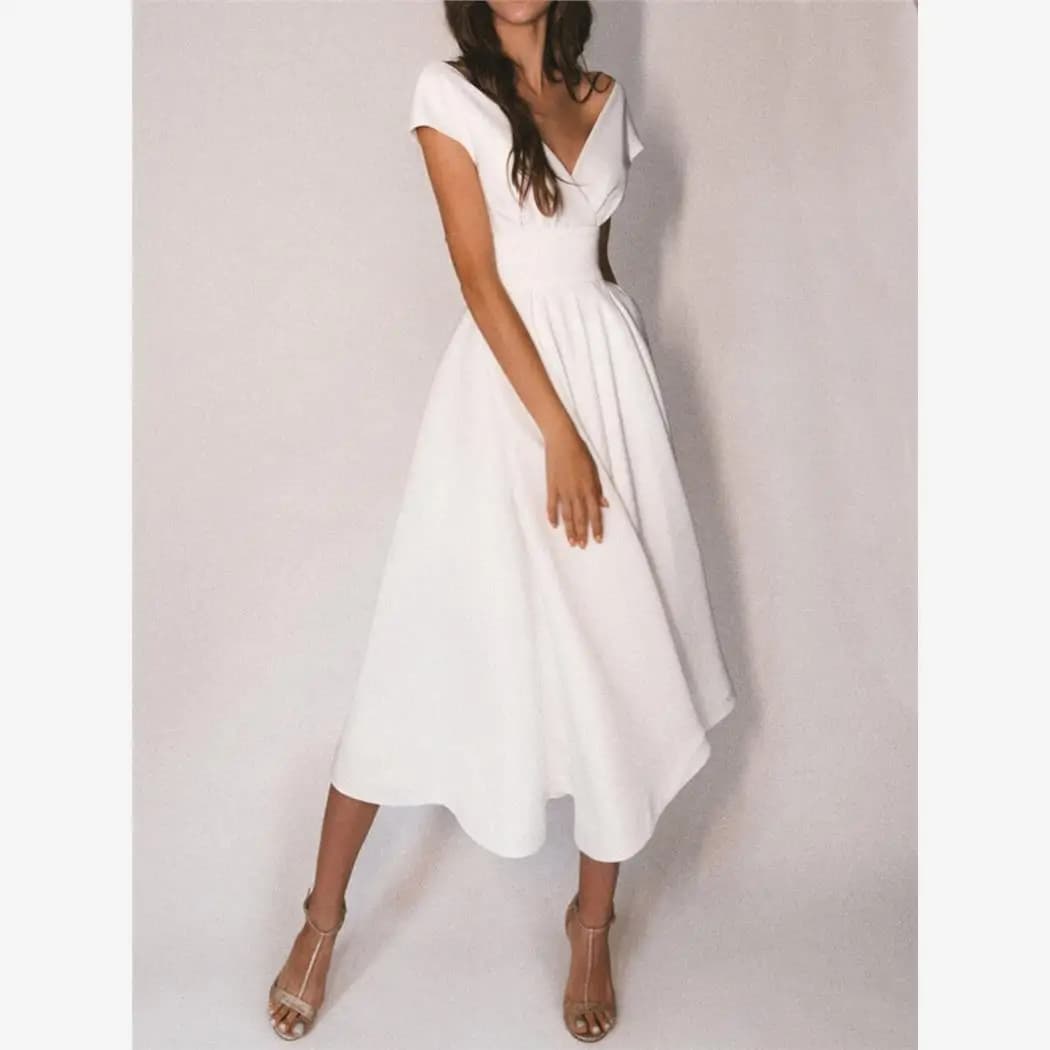 Women's Short Sleeve V-neck Wrap Dress Sexy Party Evening Gown mid Waist A-line Skirt Summer Long Dress Zipper Closure