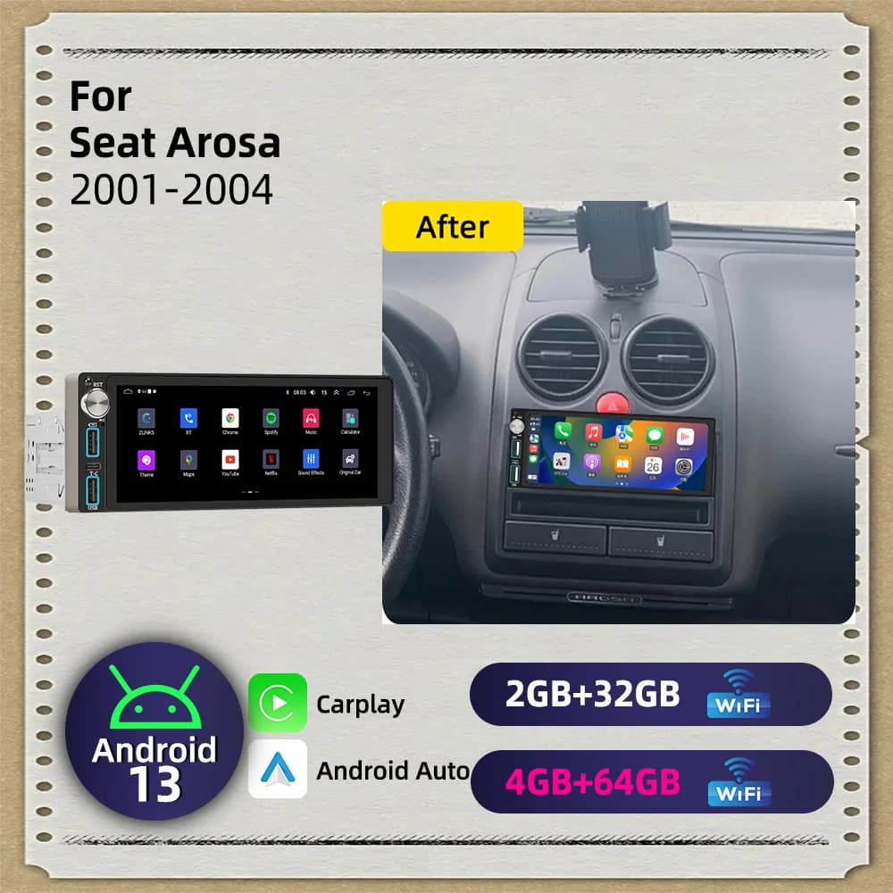 Android 1Din Car Stereo for Seat Arosa 2001-2004 CarPlay GPS Navigation Multimedia Autoradio Radio Head Unit