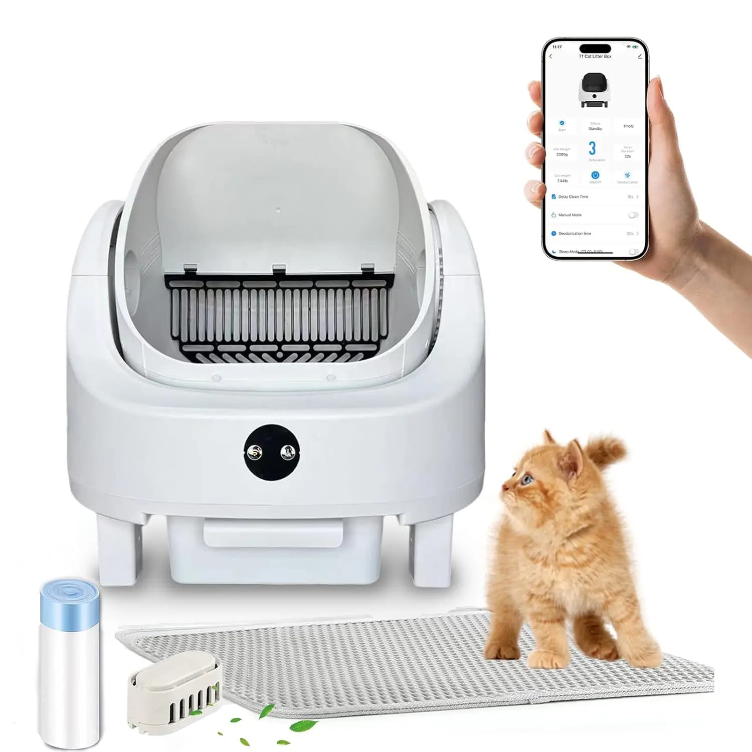Lettiera Robotica Autopulente Open-Top, Extra Large per Gatti Multipli, Bianca, in Polipropilene, Automatica con APP