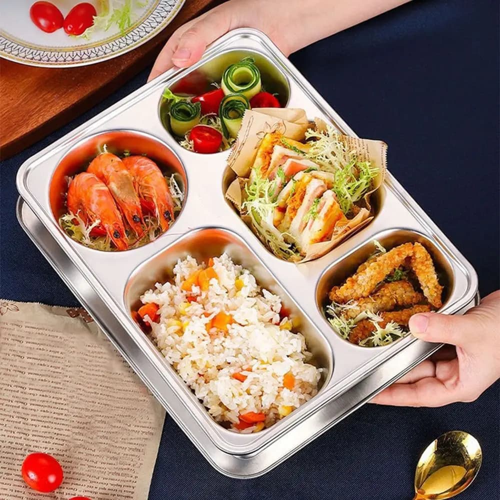 Contenitore per Pranzo in Acciaio Inox Inodore, Rettangolare, Antiruggine, con Coperchio, Vassoio per Fast Food di Grado Alimentare, per Viaggi