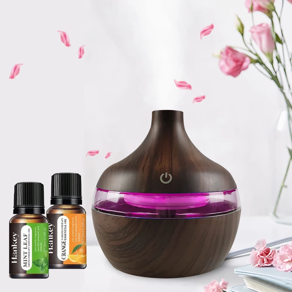 Nuovo umidificatore USB con venature del legno da 300 ml, diffusore di aromi per la casa - Macchina idratante da tavolo silenziosa con 2 oli essenziali (Nebbia fredda)