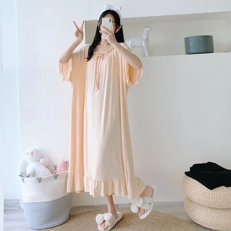 150kg Oversized Loose Night Dress Women Korean Ruffles Pajamas Short Sleeve Solid Home Wears Maternity Long Nightgown Sleepwear
