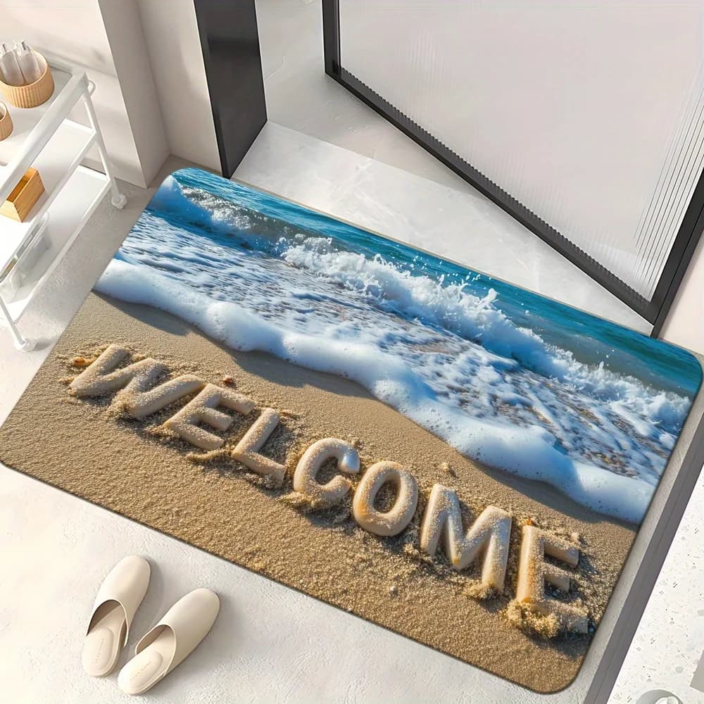 VIKAMA Seaside Wave Welcome Floor Mat Sandy Beach Embossed‑look Letters Surf Decor Non‑slip Stain‑resistant Household Rug