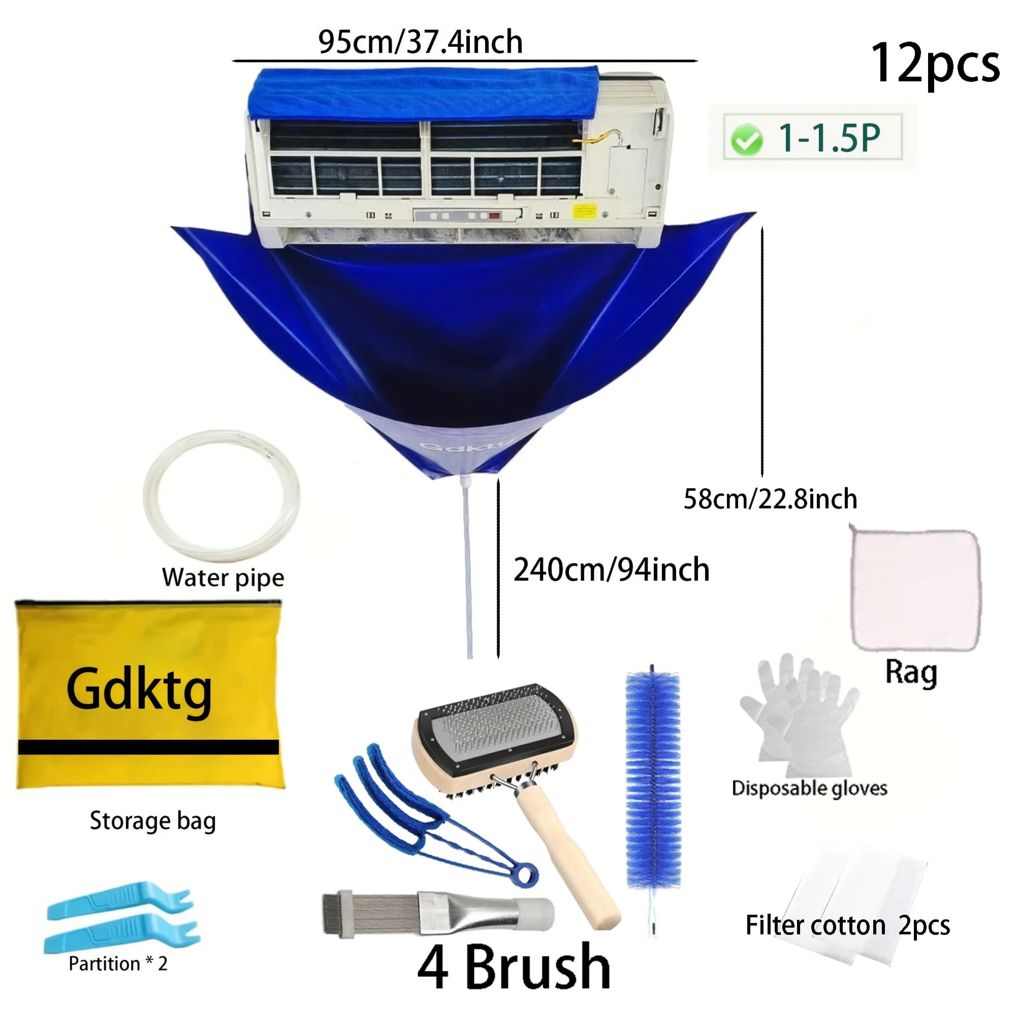 Gdktg Kit di copertura per la pulizia dell'aria condizionata estiva appeso AC riutilizzabile sacchetto per l'acqua per la polvere addensata spazzola pulita set di detergenti per irrigatori