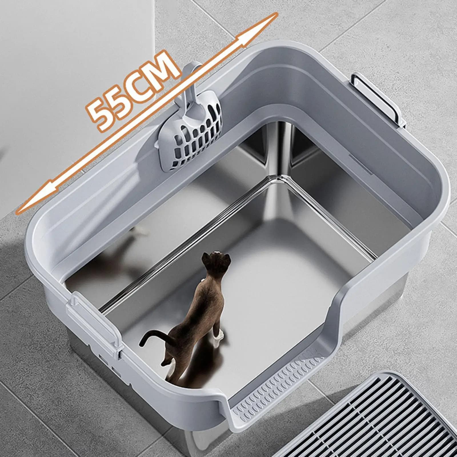 Lettiera per Gatti Grande, Vaschetta Anti-Schizzi Facile da Pulire in Acciaio Inossidabile con Bordi Alti, Robusta e Rialzata, Accessori per Animali Domestici