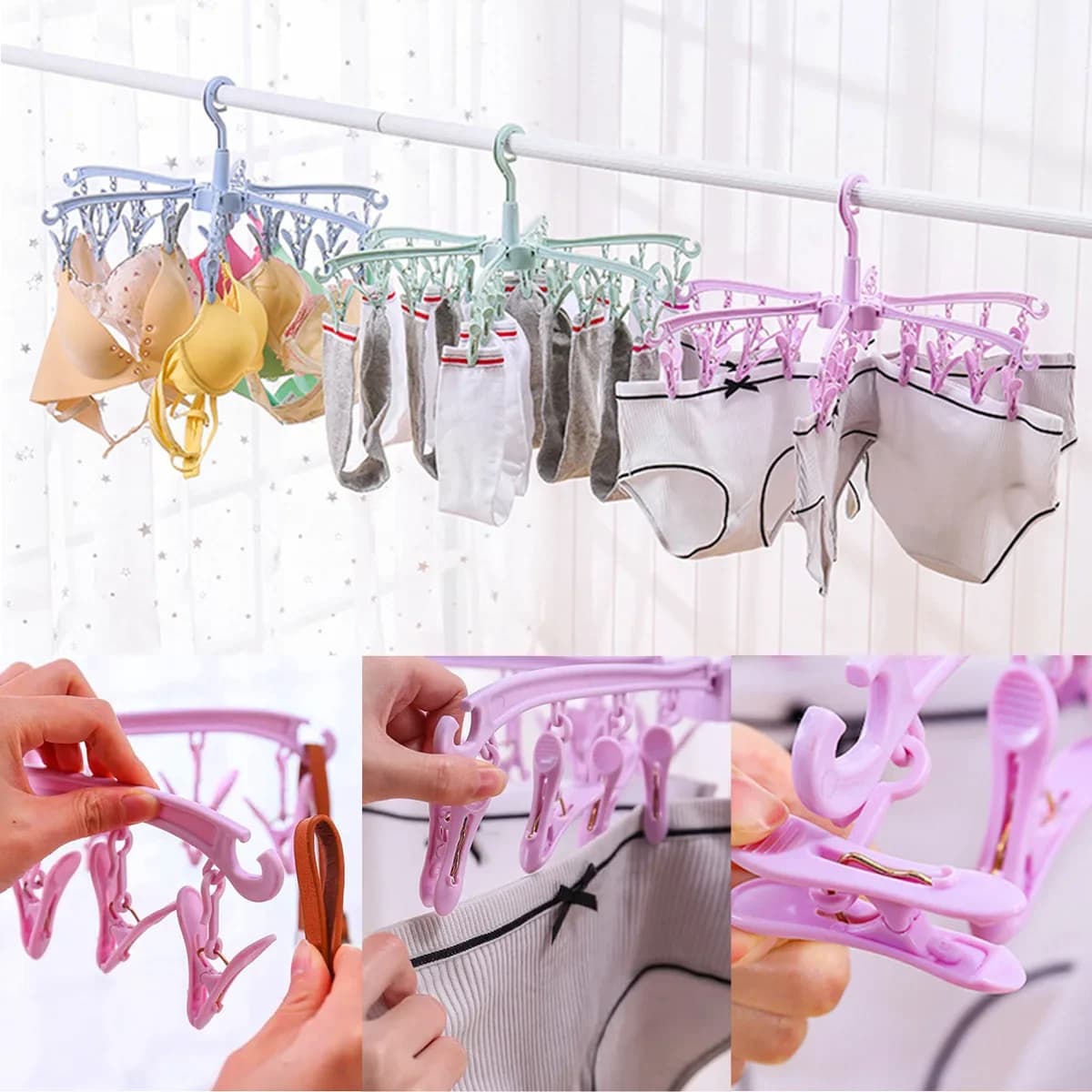 Stendibiancheria Pieghevole a 24 Clip, Appendiabiti Girevole Antivento per Calzini e Biancheria Intima, Stendino Salvaspazio per Casa, Nuovo Arrivo Dropshipping