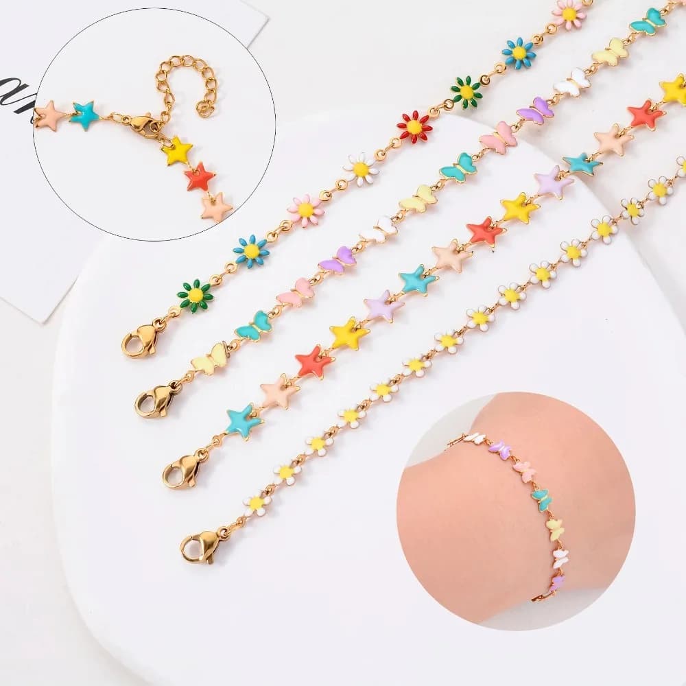 1Pcs Stainless Steel For Women Bohemia Colorful Enamel Daisy Star Butterfly Flower Minimalist Bracelets Necklace Jewelry Gift