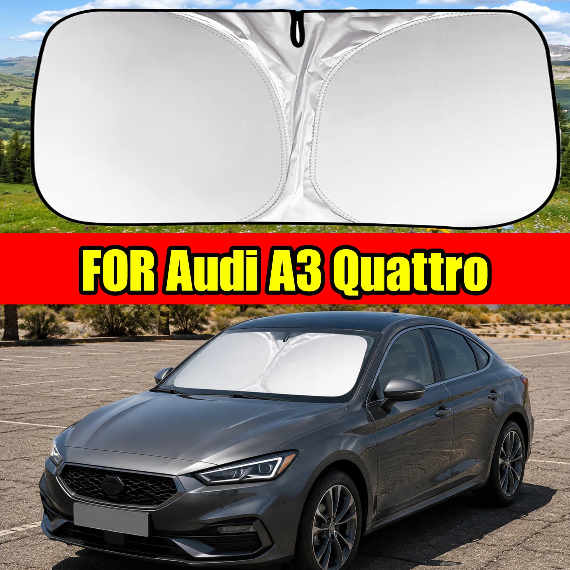 FOR Audi A3 Quattro Windshield Sun Shade With Titanium Silver Coating, Foldable Cover With Storage Bag