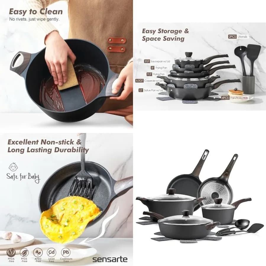 Set di pentole e padelle antiaderenti, non tossici, sani, adatti all'induzione, set da 14 pezzi, set da cucina antiaderente con padelle.