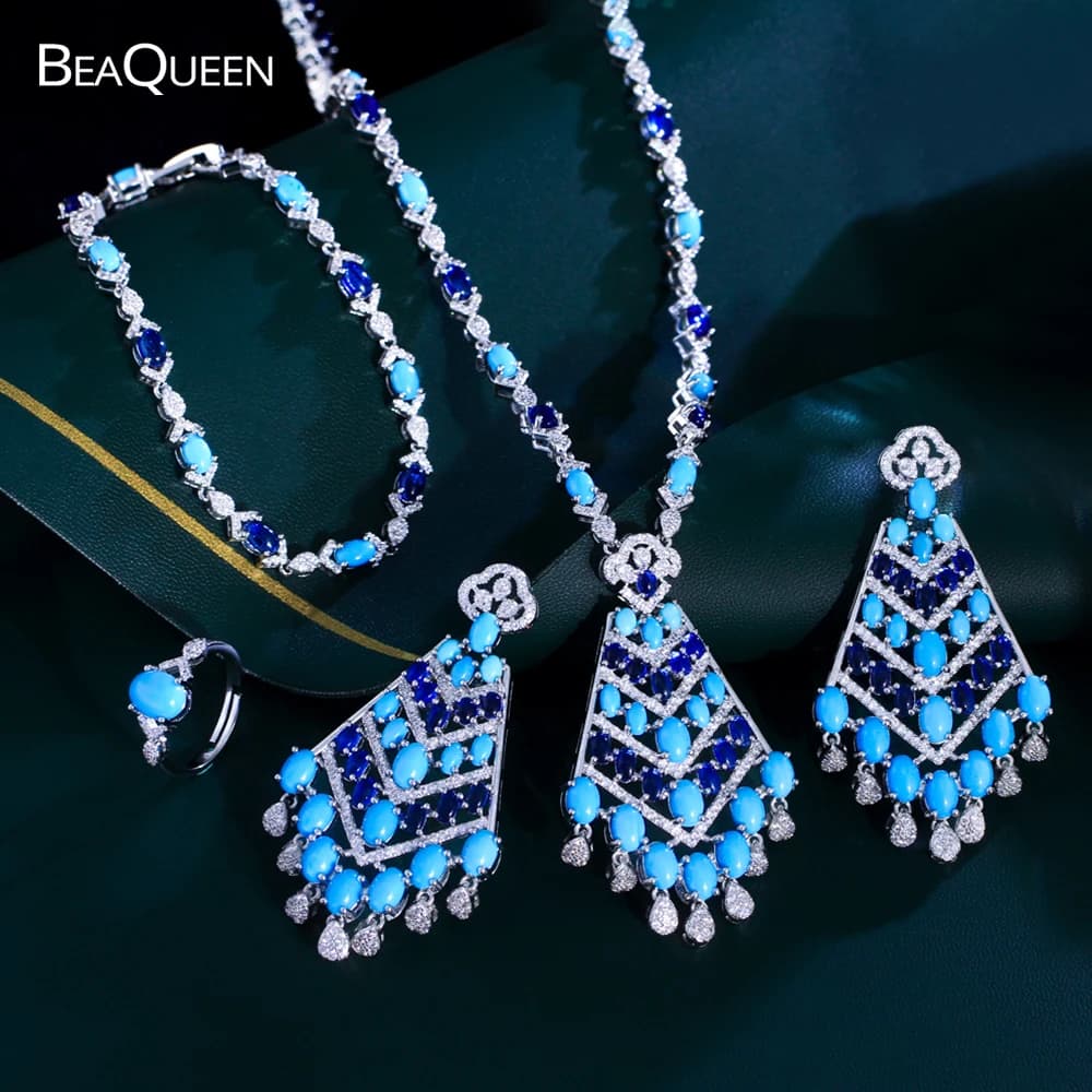 BeaQueen Luxury Blue Turquoise and Cubic Zirconia Dangle Tassel Drop Long Necklace for Women Wedding Party Jewelry Set JS415