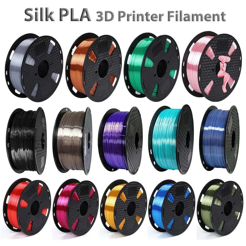 Filamento per Stampante 3D PLA 1.75mm, Filamento Seta PLA 1kg 500g 250g, Materiale per Stampa 3D, Filamento Lucido Oro Nero Argento Multipack