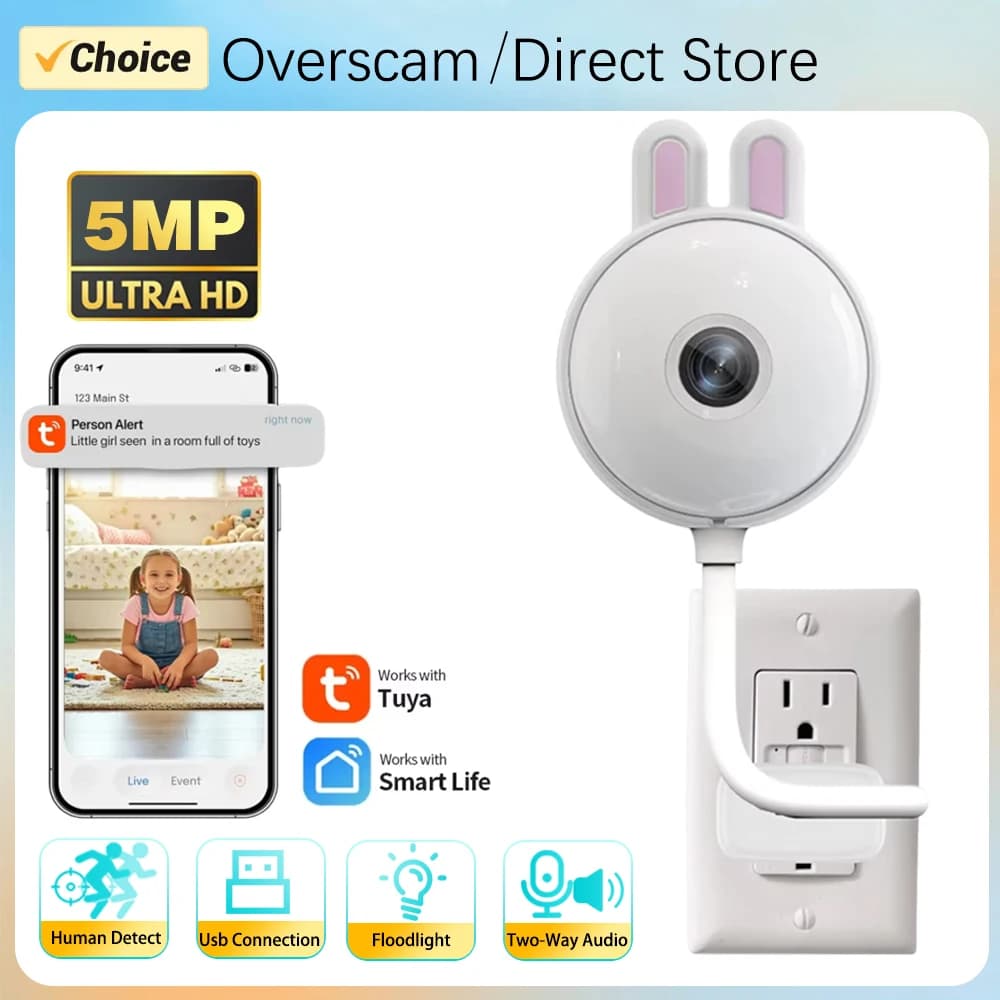 Telecamera WiFi Mini Tuya 5MP per Interni, Lampadina Wireless USB, Monitor per Bambini, Telecamera IP di Sicurezza Domestica Intelligente con Rilevamento Umano