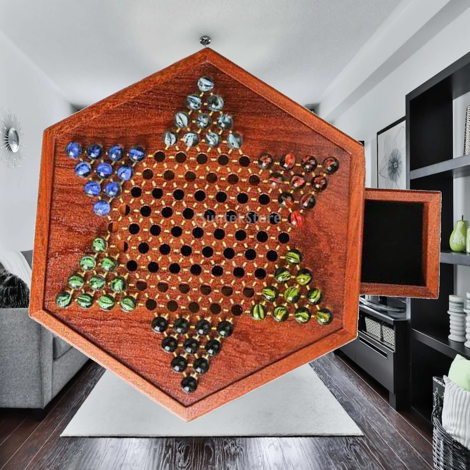 Set di Pezzi in Legno per Dama Cinese con Perline di Vetro, Gioco da Tavolo per Bambini, Regalo per Gioco Interattivo