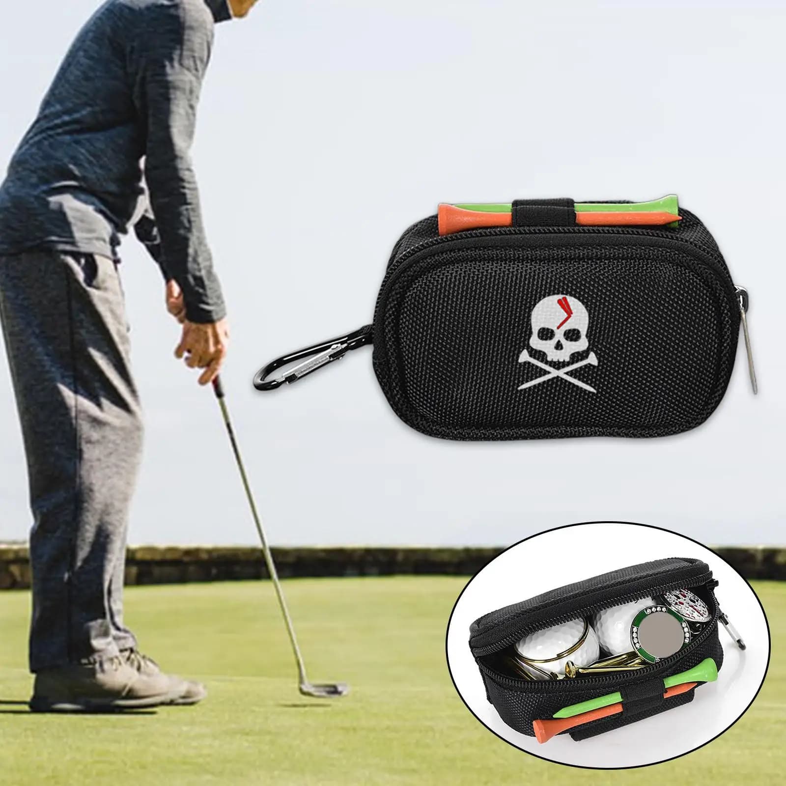 Borsa Leggera per Palline da Golf con Cerniera, Marsupio Portatile con Stampa Teschio, Accessorio da Golf per Esterni