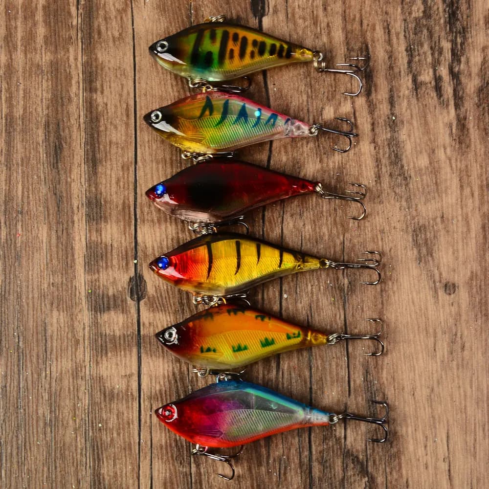 6 pz Pesca VIB Vibrazione Richiamo Affondamento Duro Crankbait Gancio Alti Esca Artificiale per Luccio Invernale Pesce Persico