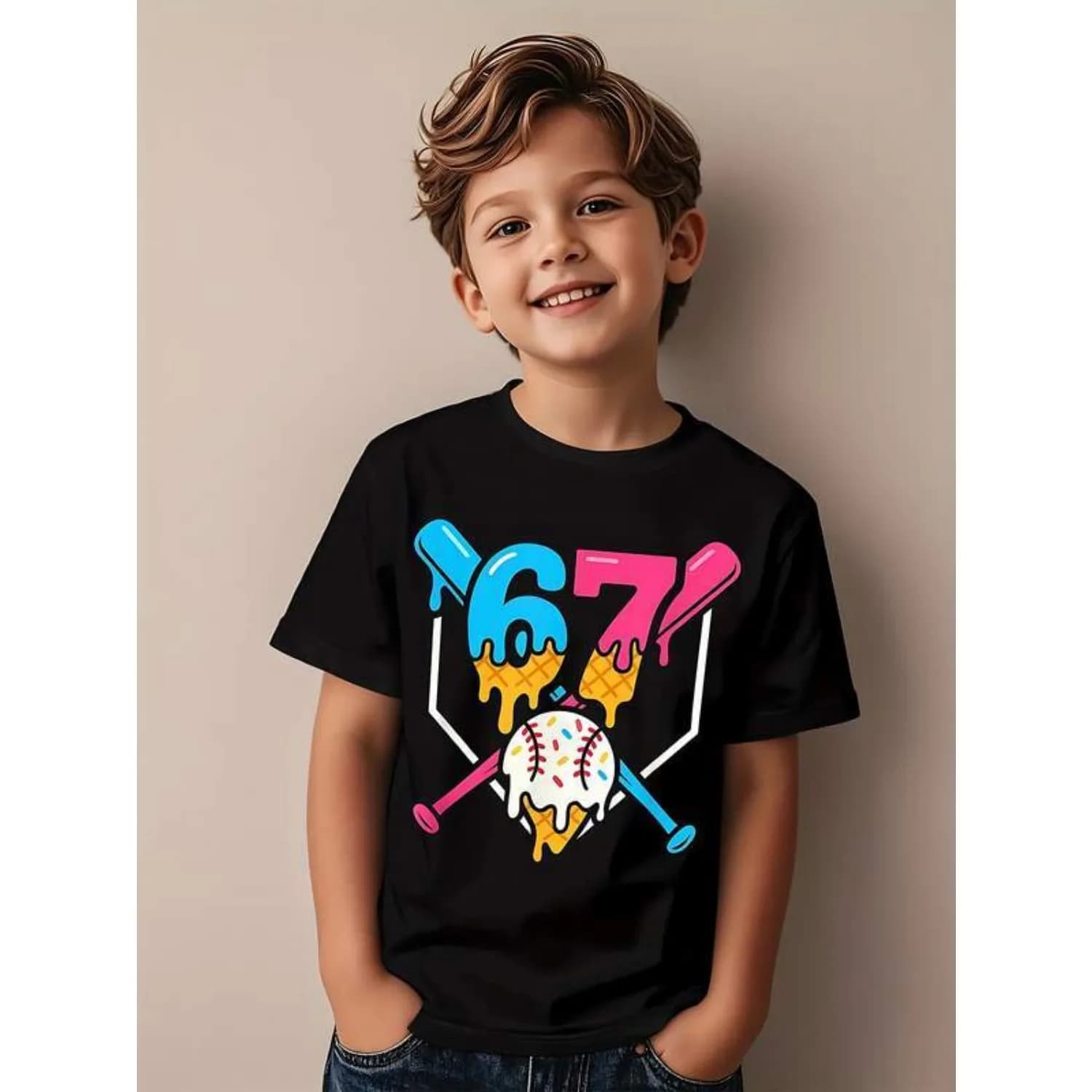 T-shirt digitale con meme per ragazzi - Stampa con 67 simboli di gesti e stampa bianca 67 - T-shirt casual a maniche corte con scollo rotondo in stile street