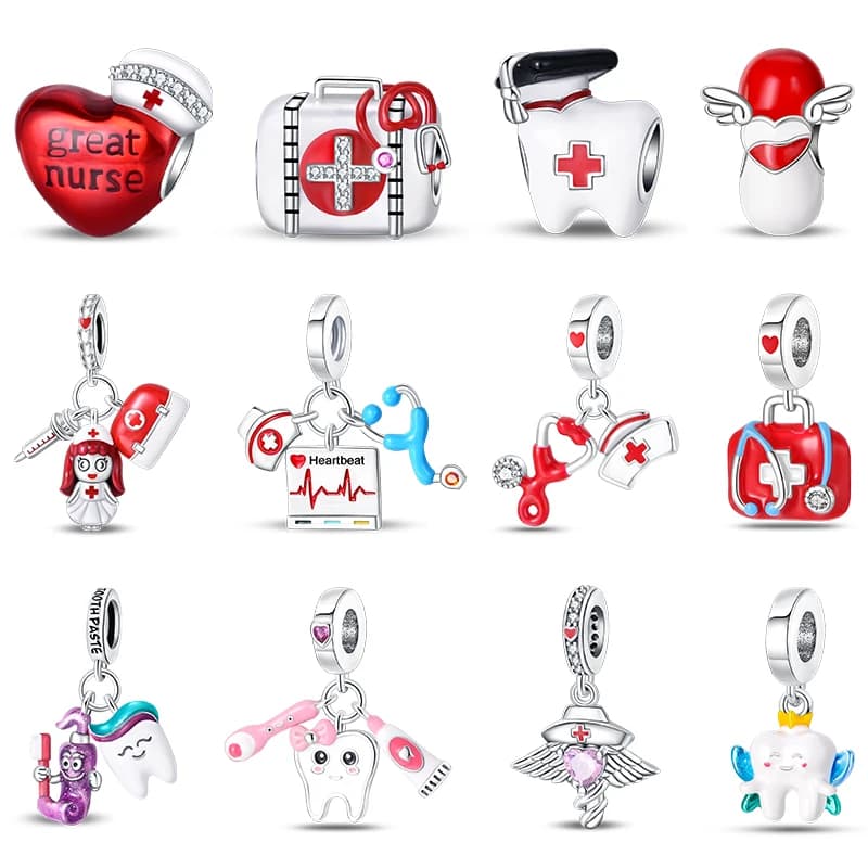 Argento tibetano Medico Infermiera Dentista Virus Kit di pronto soccorso Charms Perline Misura 3mm 925 Bracciale originale Gioielli fai da te Regalo di carriera