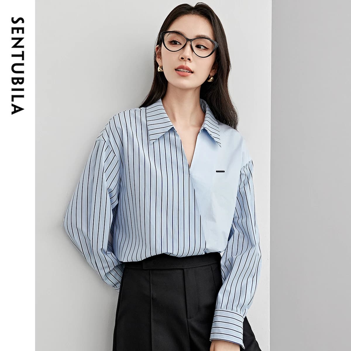 SENTUBILA Patchwork Striped Shirts & Blouses for Women Cotton Commute Loose Casual Business Workwear Long Sleeve Tops 151C58029