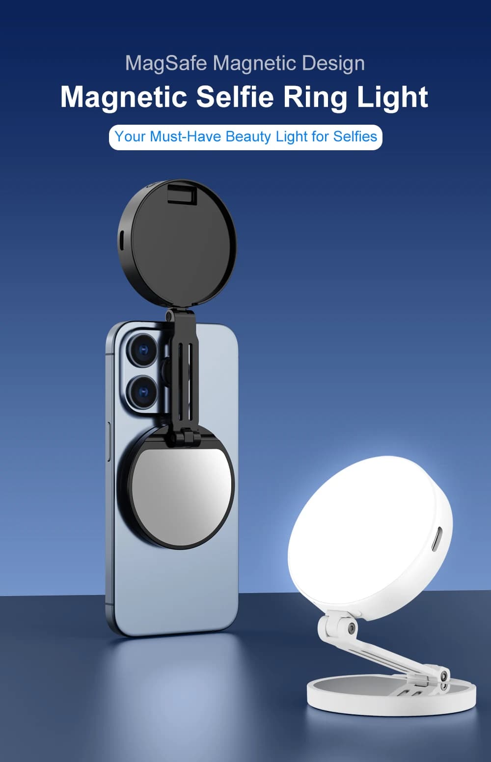Luce Magnetica per Selfie Compatibile con MagSafe iPhone, CRI95+ 180 ° Anello Luminoso LED Pieghevole Multi-Angolo per Telefono con Specchio