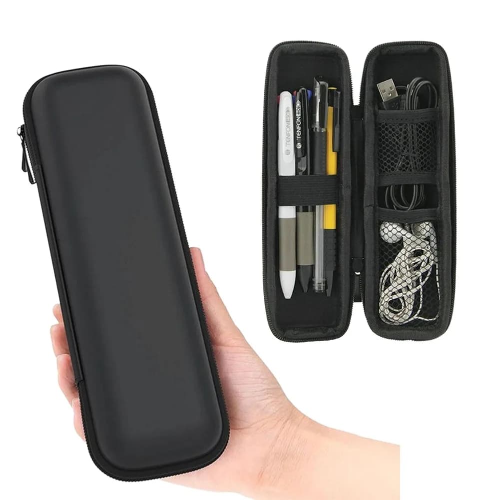 Astuccio per matite con penna stilo con guscio rigido in EVA nero, porta auricolari, organizer per riporre oggetti in rete, astuccio con cerniera per matite, materiale scolastico