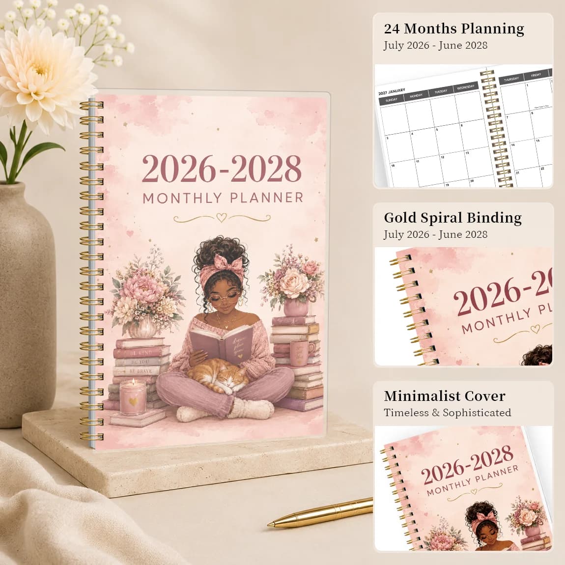 1PC 2026.7-2028.6 24 Monthly Planner, Reading Girl A5 Spiral Agenda Notebook with Reference Calendars and Notes Pages