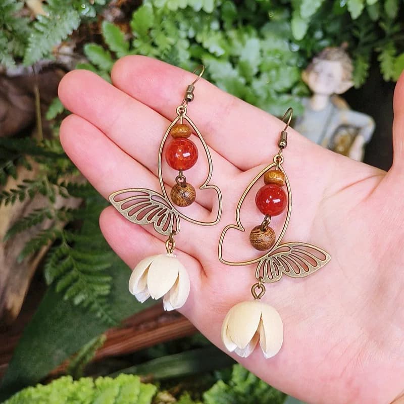 Orecchini Vintage a Farfalla, Orecchini Pendenti Lunghi Boho Esagerati, Serie Frutta Secca, Orecchini con Piante Naturali, Gioielli Personalizzati