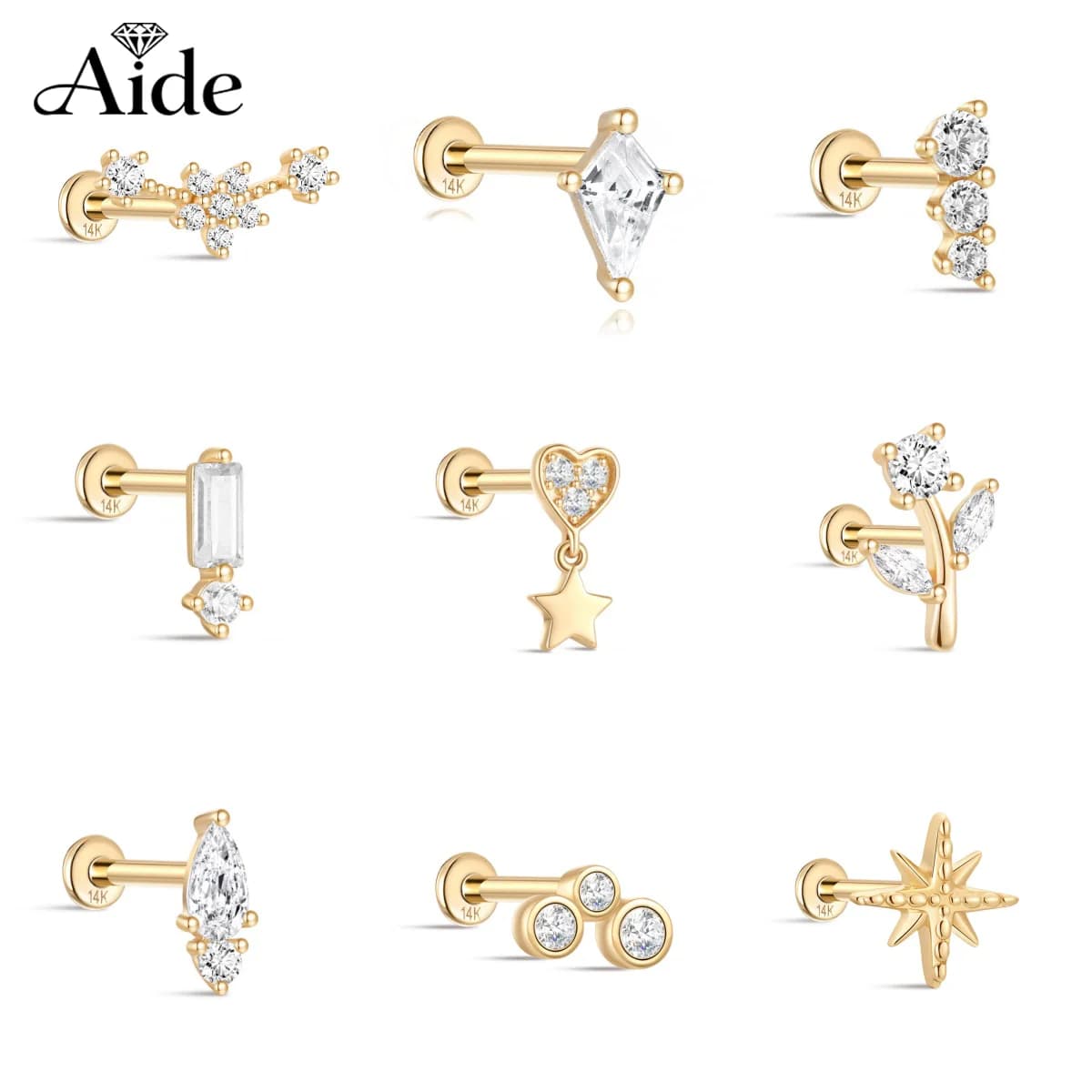 AIDE Orecchini a perno geometrici a stella/fiore in oro massiccio 14K da donna, orecchini di lusso delicati con retro piatto, perfetti per feste, uso quotidiano e regali