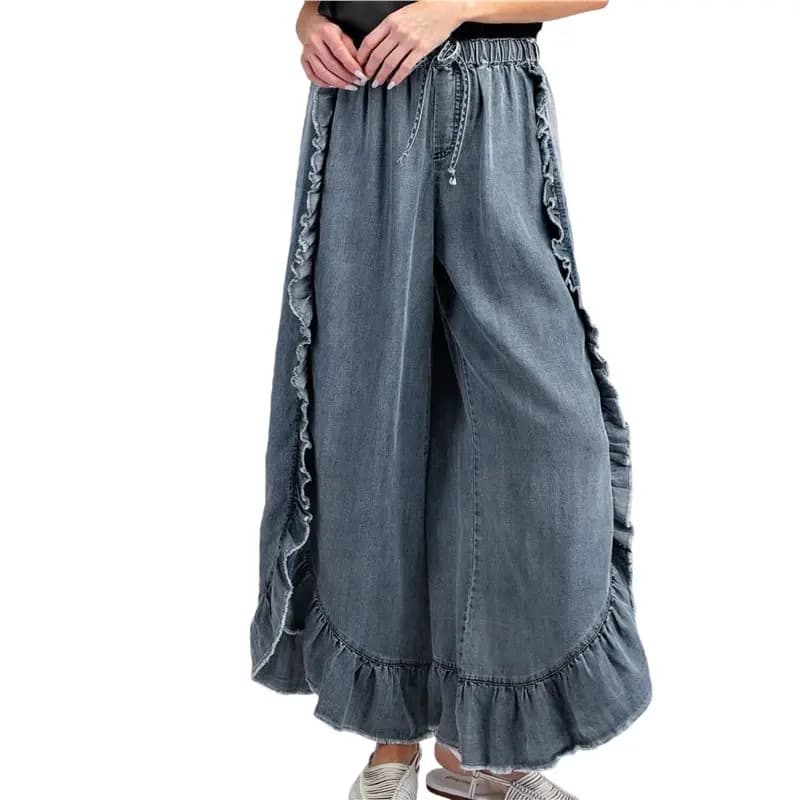 CYL-Women Denim Palazzo Pants Jeans Flare Elastic Waist Wide Leg Pants Jeans Flowy Ruffle Pants
