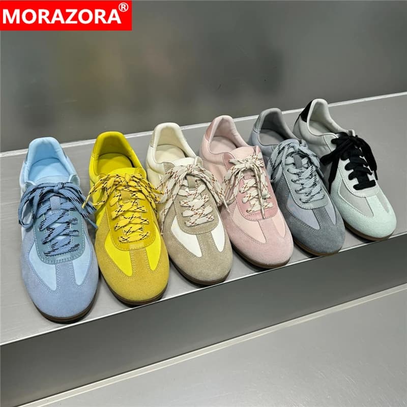 NORAZORA Sneakers basse in pelle scamosciata di mucca a 6 colori Sneakers casual con lacci in colori misti Scarpe basse da donna traspiranti e comode