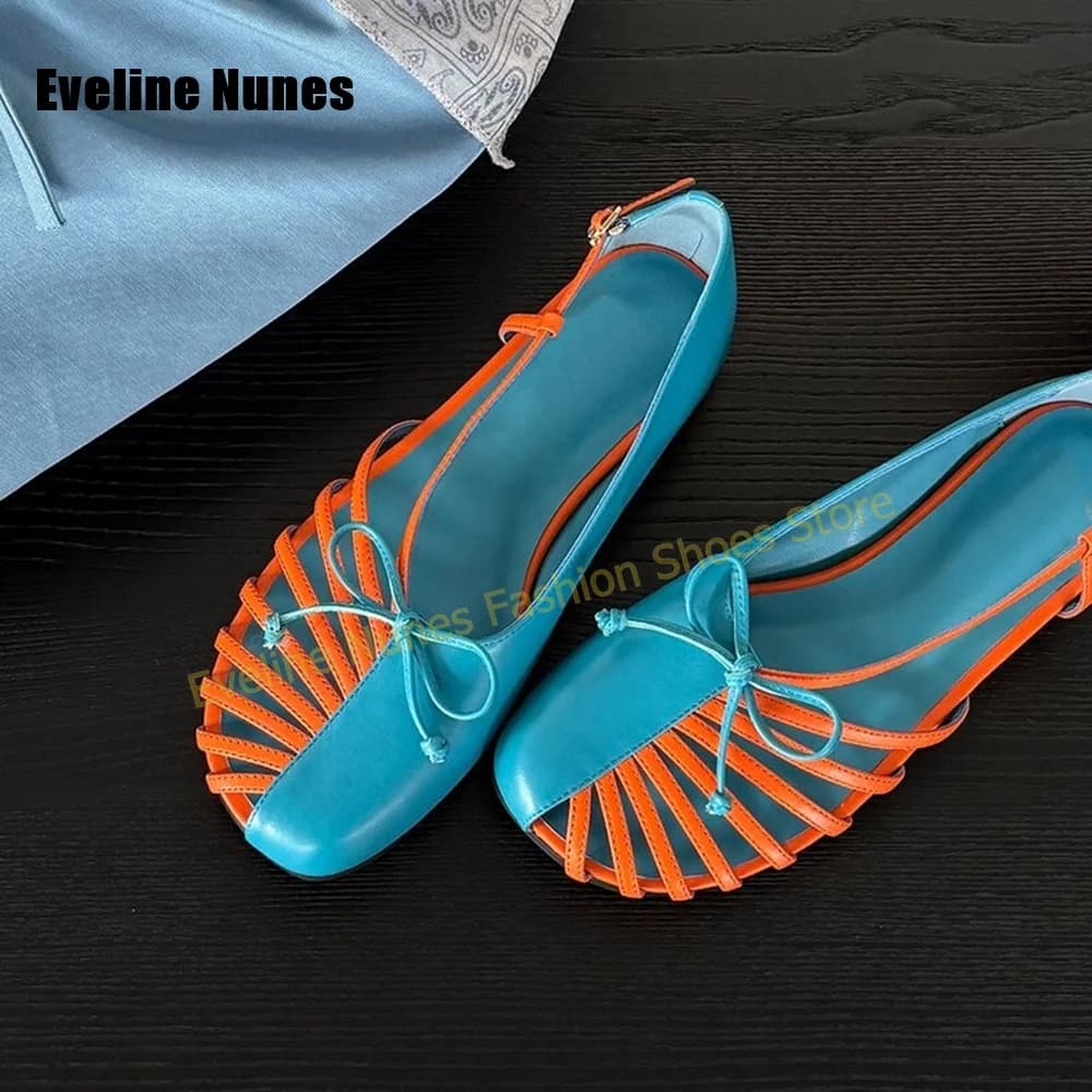 Women Blue Orange Cutout Pumps Square Toe Chunky Heels Bow Ankle Buckle Retro Summer Beach Daily Casual Sandals 2026 New Arrival
