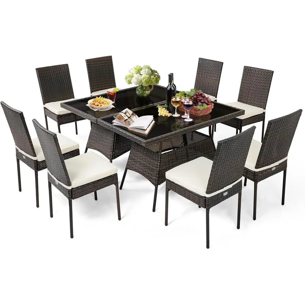 Set da Pranzo da Esterno in Vimini a 10 Pezzi con Sedie Imbottite e Tavolo con Piano in Vetro per Giardino, Bordo Piscina o Balcone