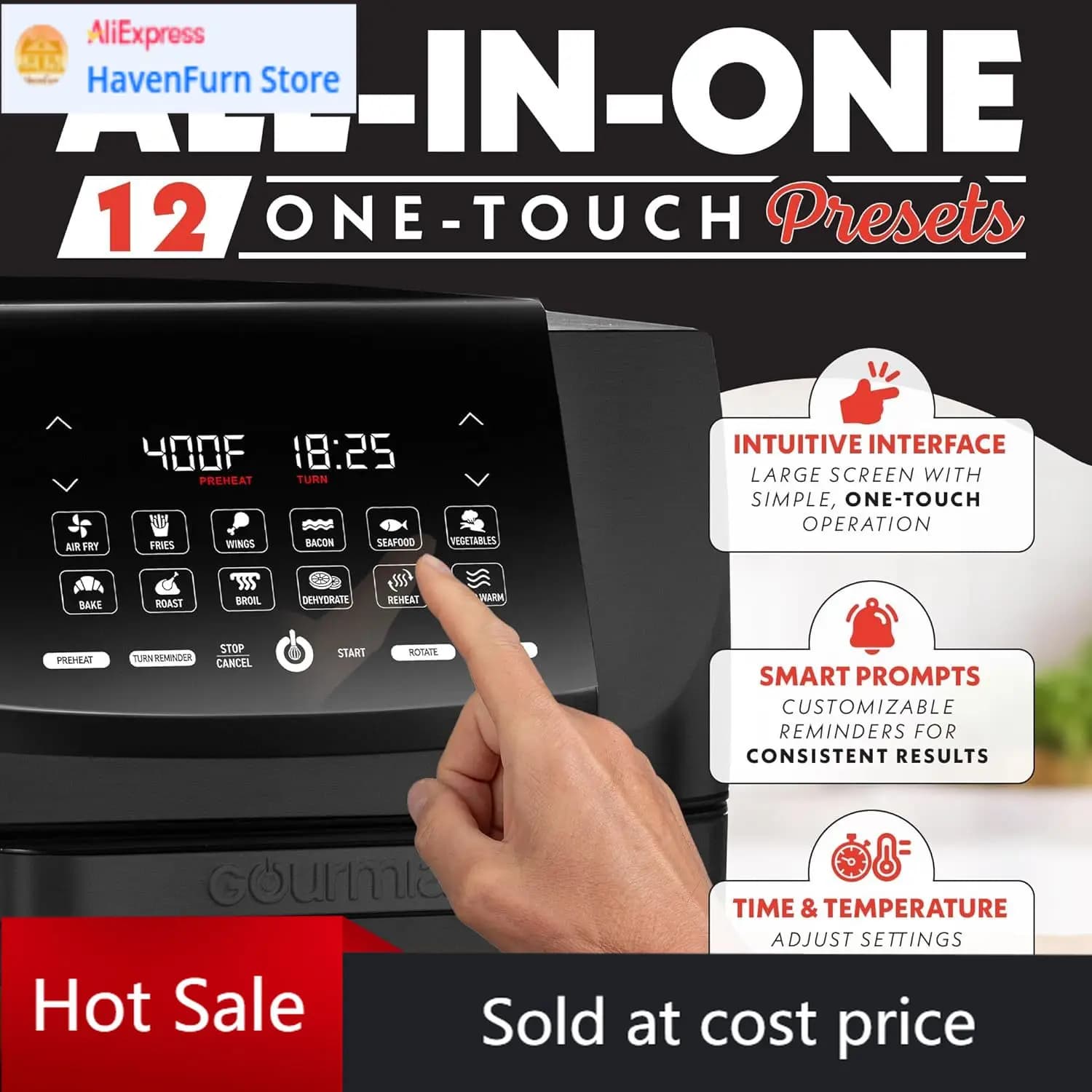 Friggitrice ad Aria Gourmia - Forno Multifunzione da 14 Qt con Girarrosto, Display Digitale con 12 Programmi Preimpostati, Funzioni Arrosto, Cottura, Grigliatura, De-shock