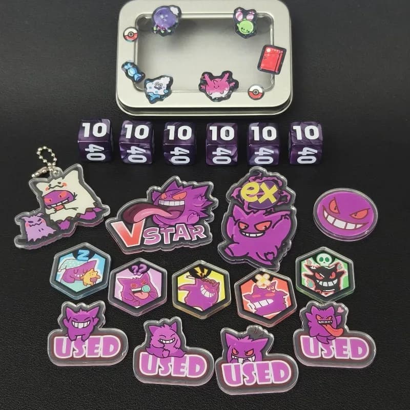 New PTCG Gengar Vstar Used Status Damage Counter Storage Box Set Dice Acrylic Token Counter Board Game Accessories Toy Gifts