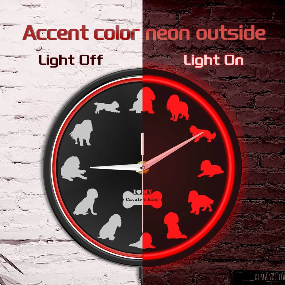 Orologio da Parete LED con Cornice in Metallo Cavalier King Charles Spaniel, Luce Notturna Decorativa a Forma di Cucciolo che si Illumina al Buio