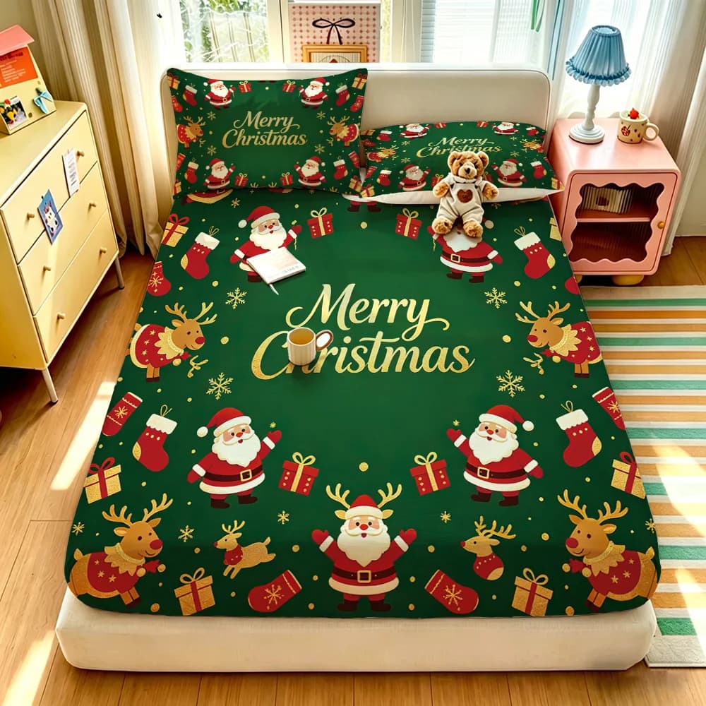 3pcs Merry Christmas Print Chipless Bed Sheet Set Multiple Sizes Soft Comfortable Bedding Decoration Machine Washablee Washable