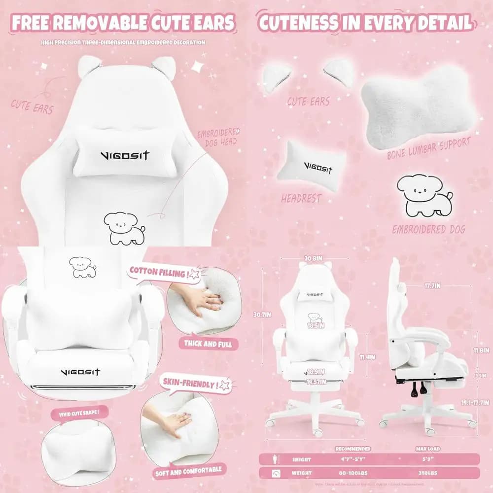Sedia da Gaming Ergonomica Bianca con Supporto Lombare a Zampa di Gatto per Donne e Adolescenti