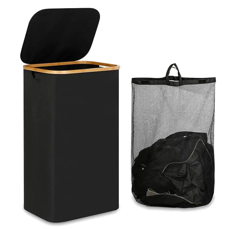 AS94-1 Cesto Portabiancheria Pieghevole da 110L con Manico e Coperchio, con Borsa Interna Rimovibile per Vestiti, Nero