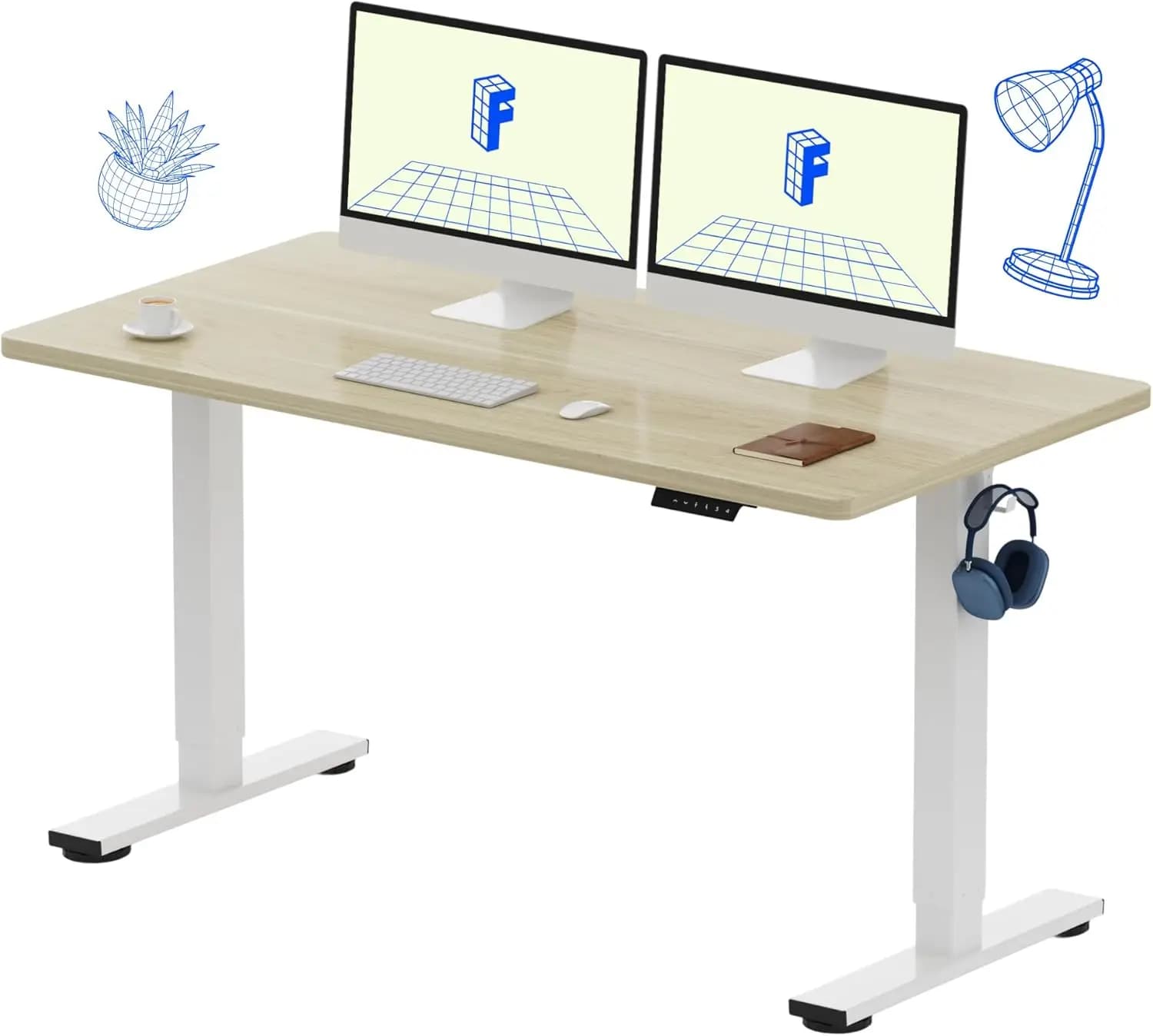 Electric Height Adjustable Standing Desk, 55x28 Inches, with 1-Inch Thick Seamless Desktop - One-Piece Design for Home Office, Multi-Monitor Setups & Easy Assembly, White Wood Grain