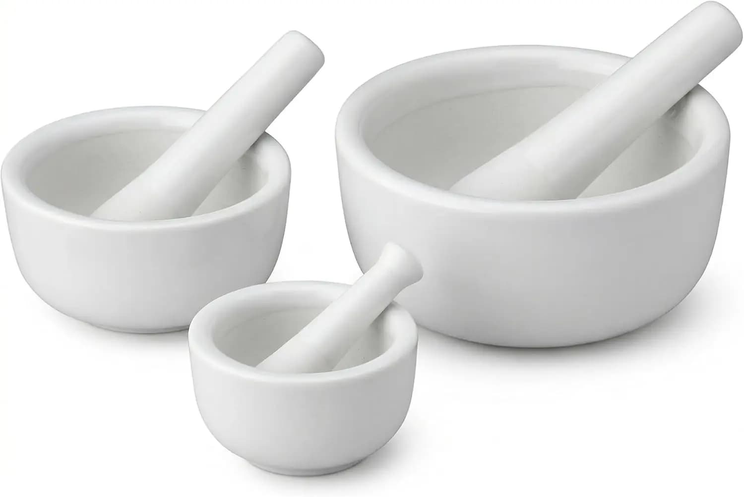 Mortar and Pestle Set, Fine Porcelain, 3 Sizes for Spices Herbs Pills and Nut Butters