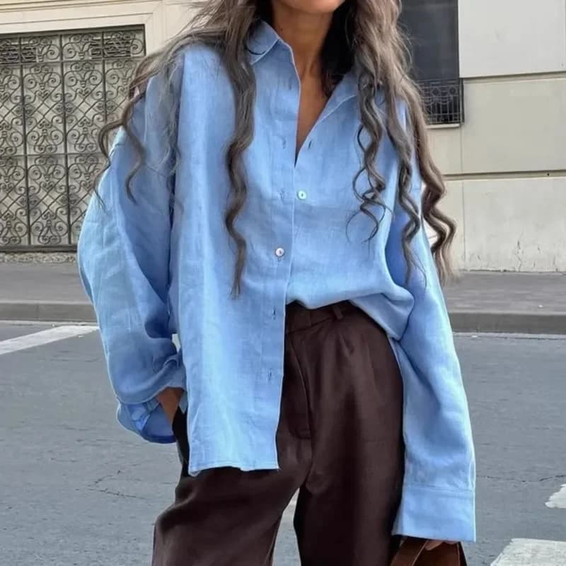 Camicie estive Camicetta da donna allentata alla moda da donna Camicetta elegante con risvolto a maniche lunghe Camicia casual da donna classica Solid Top femminile