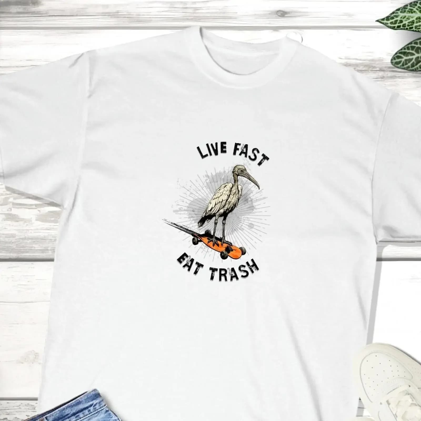 Divertente maglietta Bin Chicken Australian Ibis Skateboard vintage lavata, grafica versatile, traspirante, streetwear da uomo