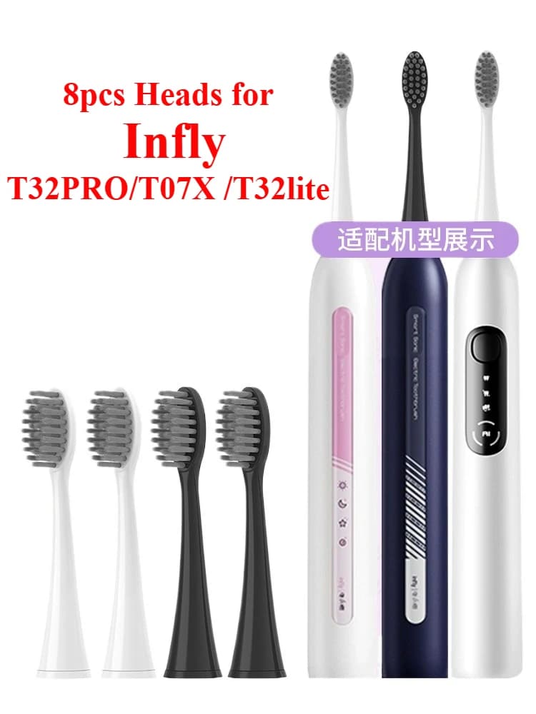 8 pezzi di testine di ricambio per spazzolino elettrico Infly T32PRO/T07X/T32lite, impermeabili, per pulizia e sbiancamento.