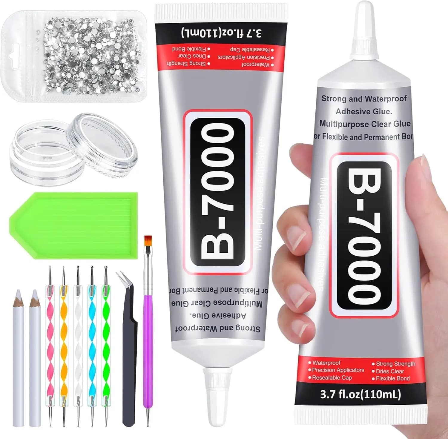 Colla B7000 trasparente con punta di precisione, confezione da 2 da 110 ml per gioielli, strass, fai da te, nail art