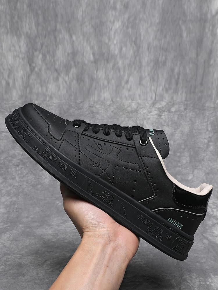 Scarpe Casual Estive Primaverili Nere Semplici con Lacci e Suola Piatta da Uomo, Punta Rotonda, Traspiranti, Tinta Unita, Modello Basso