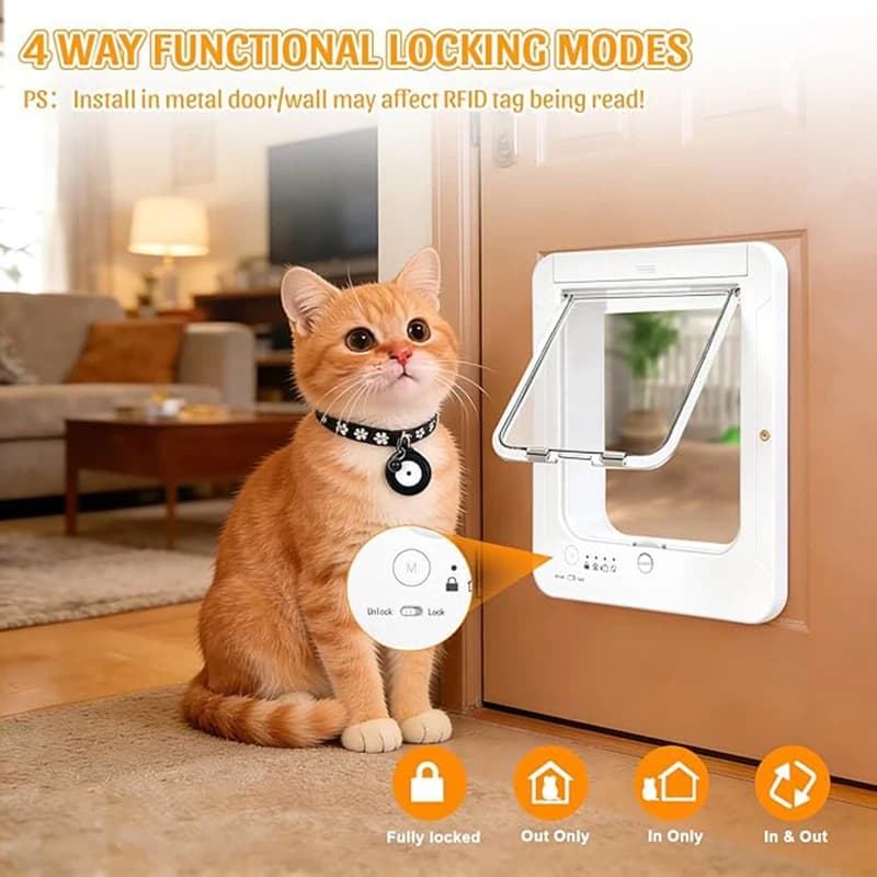 Smart Cat Door with Collars Sensor Key Cat Door Collar Activated with Remote Control 4 Way Locking Cat Flap Automatic Pet Door