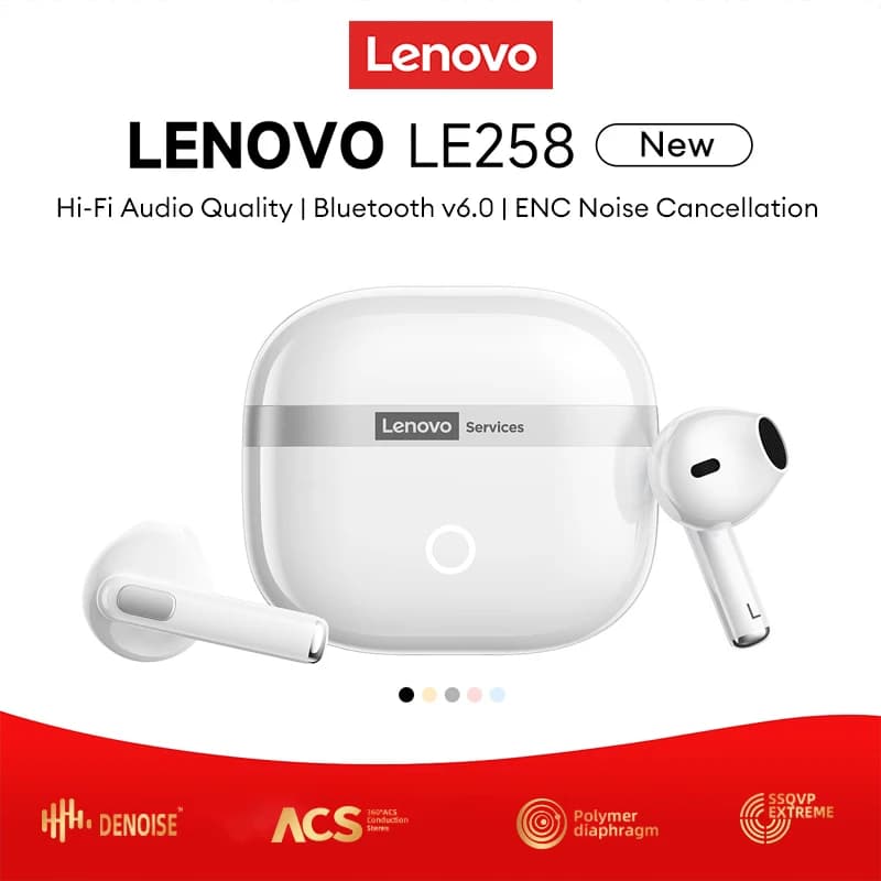 Auricolari Wireless Lenovo LE258 TWS, Cuffie Bluetooth V6.0 Stereo, Auricolari Sportivi con Riduzione del Rumore e Microfono, Lunga Durata della Batteria, Offerta Speciale