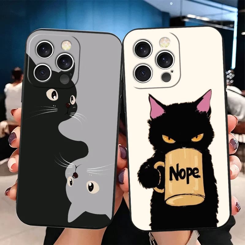 Black Cat Cartoon Cute Silicone Phone Case for iPhone 11 12 13 14 15 16 17 Pro Max 16E 17E Air Mini X XS Black Soft Cover